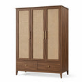 Armadio guardaroba in legno marrone e rattan beige con 3 ante e 2 cassetti, 120 × 55 × 190 cm