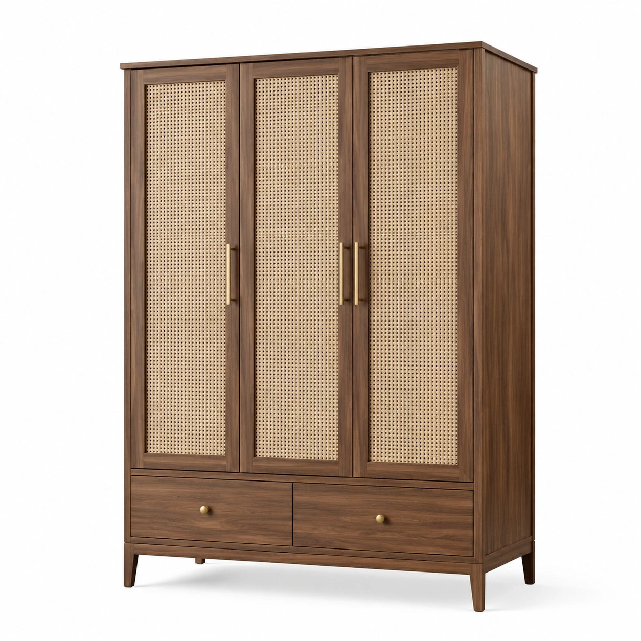 Armadio guardaroba in legno marrone e rattan beige con 3 ante e 2 cassetti, 120 × 55 × 190 cm