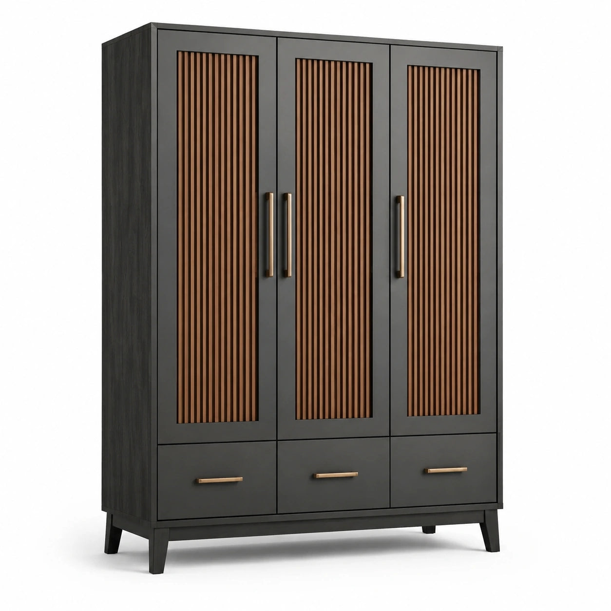Armadio moderno a 3 ante e 3 cassetti, 150 × 55 × 200 cm, nero, marrone e oro