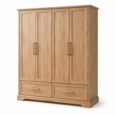 Armadio in legno con finitura rovere naturale, 180 × 55 × 200 cm, 4 ante e 2 cassetti