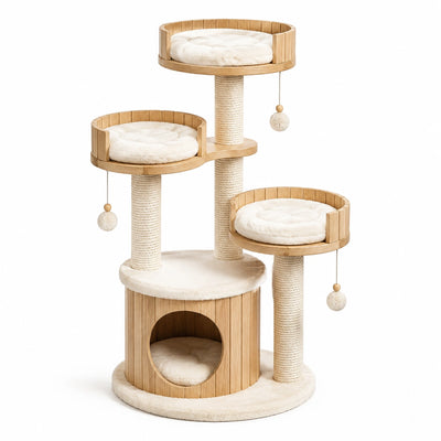 Tiragraffi per gatti in legno, sisal e peluche, colore naturale e crema, 80 × 55 × 140 cm, con tre piattaforme e cuccia