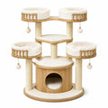 Albero tiragraffi in legno, sisal e tessuto felpato beige e bianco, con cuccia e piattaforme, 120 × 60 × 150 cm