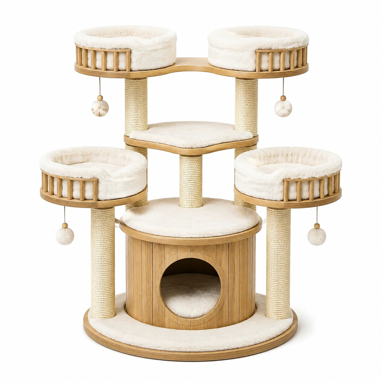 Albero tiragraffi in legno, sisal e tessuto felpato beige e bianco, con cuccia e piattaforme, 120 × 60 × 150 cm