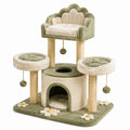 Tiragraffi multilivello 110 × 60 × 125 cm in sisal e tessuto felpato verde salvia, crema e beige con cuccia e piattaforme