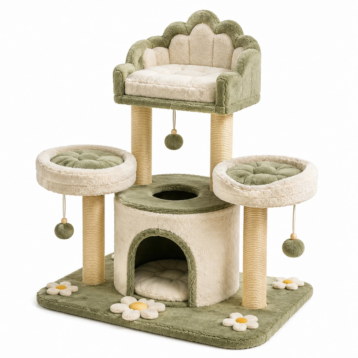 Tiragraffi multilivello 110 × 60 × 125 cm in sisal e tessuto felpato verde salvia, crema e beige con cuccia e piattaforme