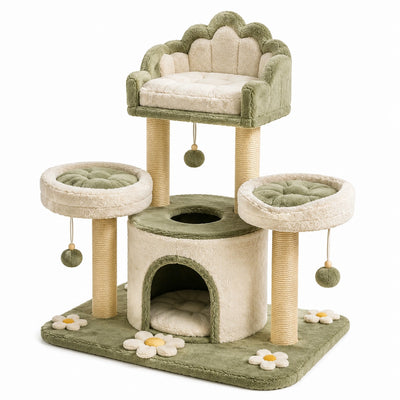 Tiragraffi multilivello 110 × 60 × 125 cm in sisal e tessuto felpato verde salvia, crema e beige con cuccia e piattaforme