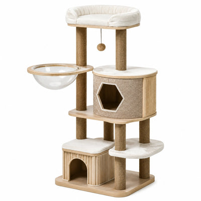 Tiragraffi multipiano per gatti 120 × 60 × 180 cm in legno, sisal e peluche beige con due cucce e amaca trasparente