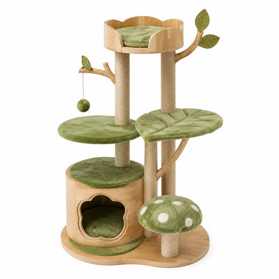 Tiragraffi multilivello per gatti in legno, sisal e tessuto verde, 85 × 60 × 145 cm, con cuccia