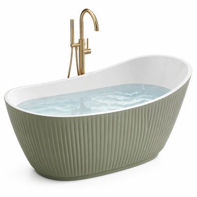 Vasca da bagno ovale autoportante in acrilico verde salvia e bianco con finitura scanalata, 170 × 80 × 75 cm
