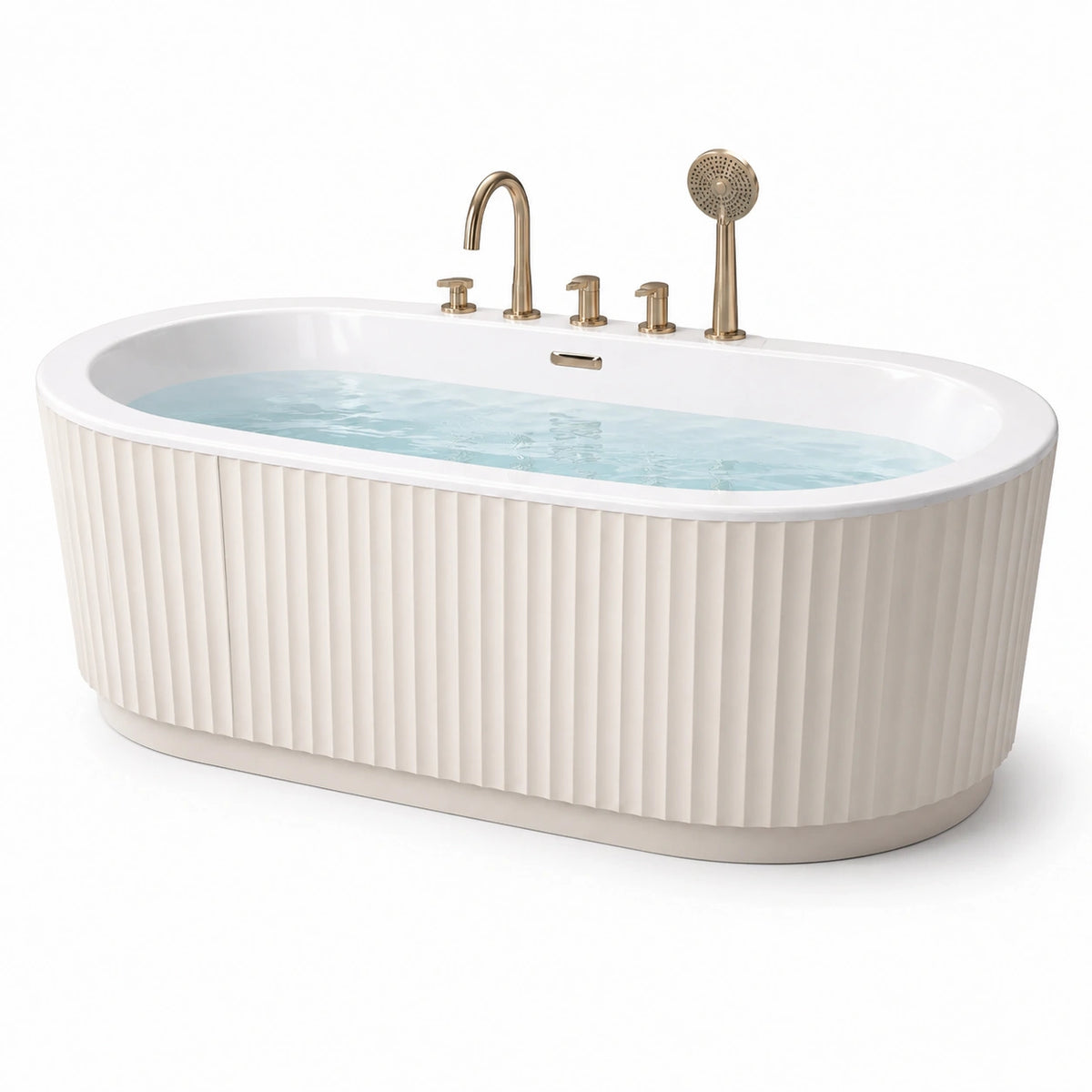 Vasca da bagno ovale freestanding 170 × 80 × 60 cm in acrilico bianco scanalato con rubinetteria dorata