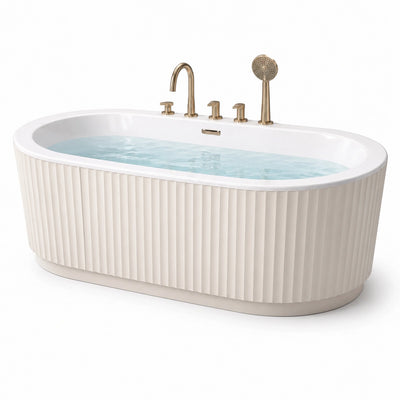 Vasca da bagno ovale freestanding 170 × 80 × 60 cm in acrilico bianco scanalato con rubinetteria dorata