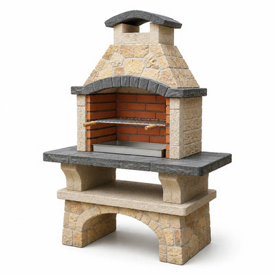 Barbecue da giardino in muratura beige, grigio e terracotta 110 × 65 × 190 cm con griglia e camino
