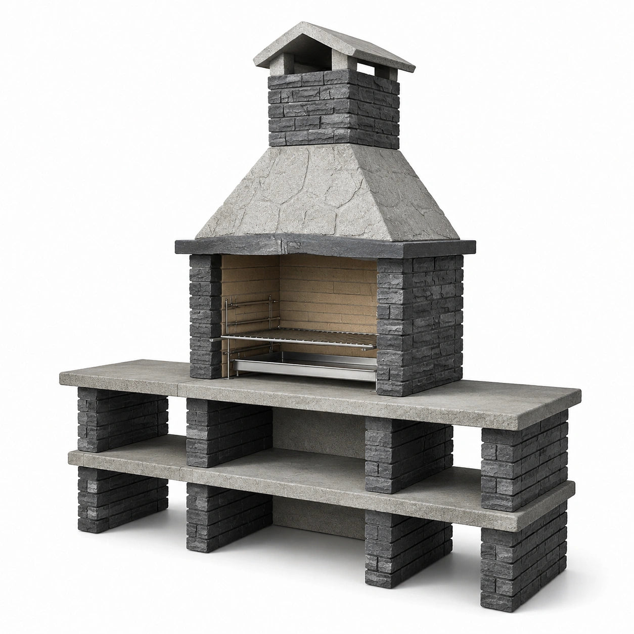 Barbecue da giardino in calcestruzzo grigio, antracite e beige con camino e piano di lavoro, 180 × 60 × 220 cm