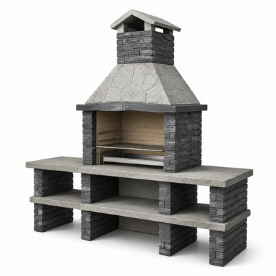 Barbecue da giardino in calcestruzzo grigio, antracite e beige con camino e piano di lavoro, 180 × 60 × 220 cm