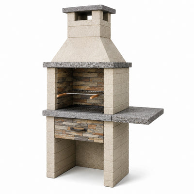 Barbecue da giardino in calcestruzzo beige, grigio e marrone con camino e piano laterale, 140 × 60 × 210 cm