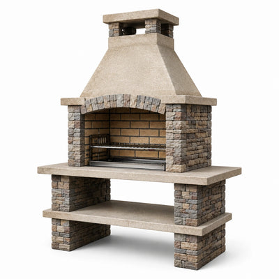 Barbecue da giardino in muratura beige, grigio e marrone, 160 × 70 × 230 cm, con griglia regolabile