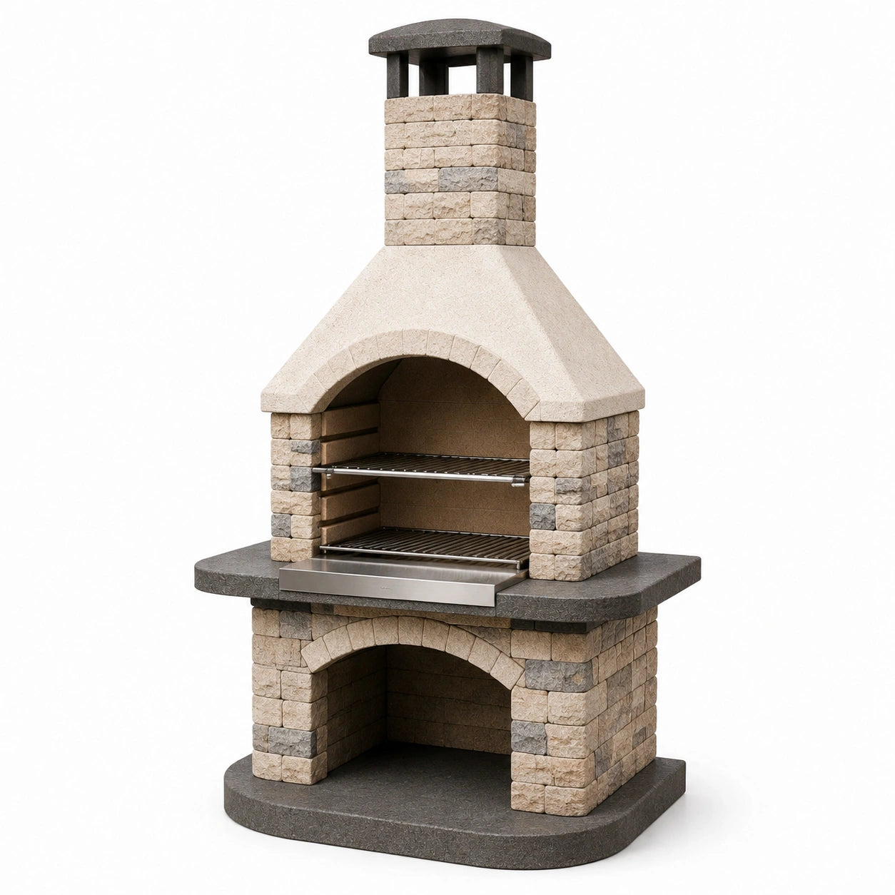 Barbecue da giardino in cemento effetto pietra beige, grigio e antracite, 110 x 70 x 220 cm, con camino e doppia griglia