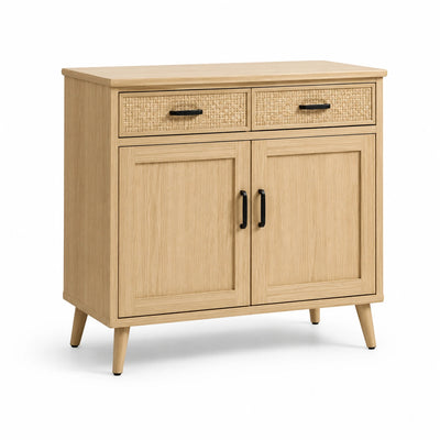 Credenza in rovere naturale e nero 90 × 40 × 90 cm con 2 cassetti, 2 ante e frontali intrecciati