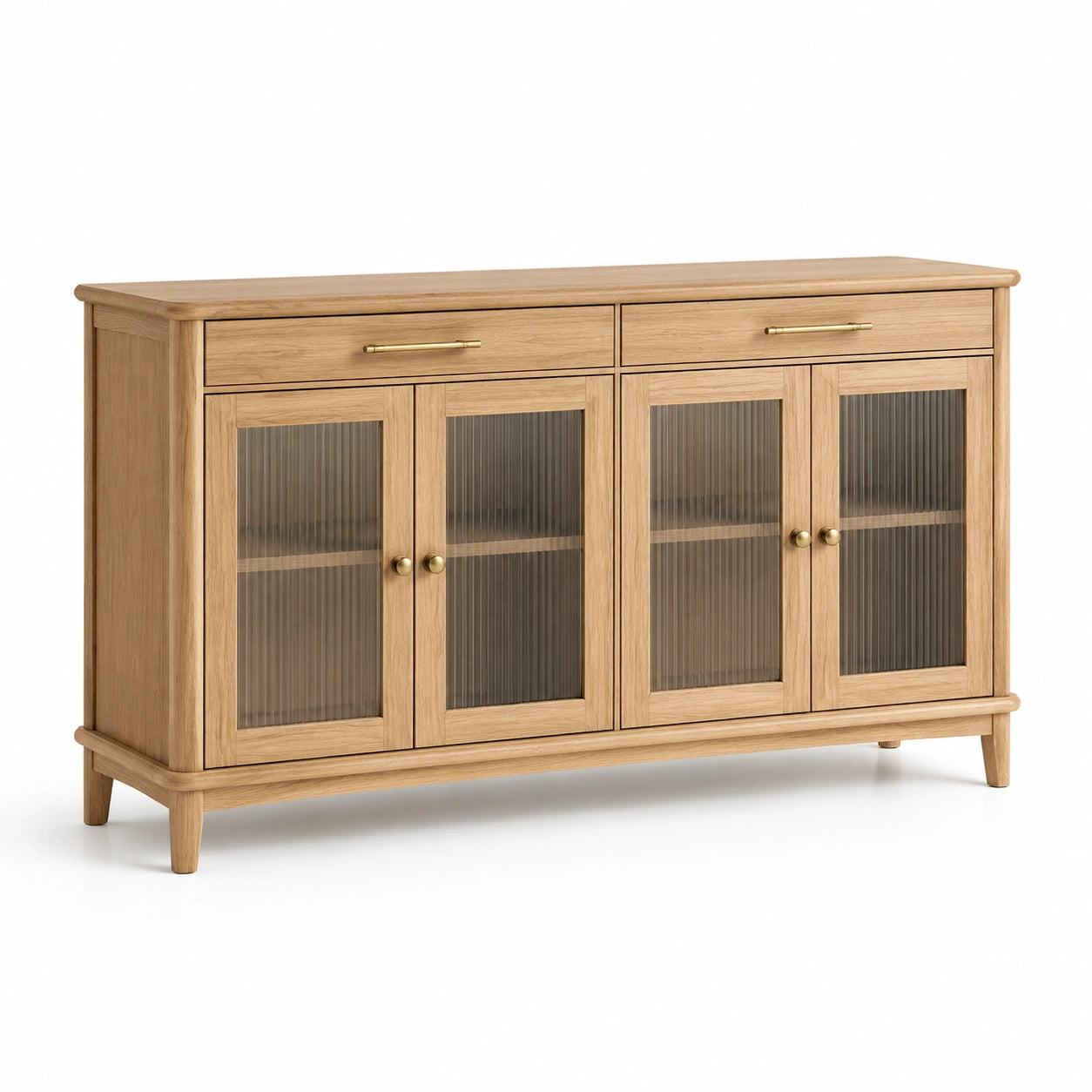 Credenza in legno marrone chiaro con dettagli dorati e vetro grigio fumé, 4 ante e 2 cassetti, 160 × 40 × 85 cm