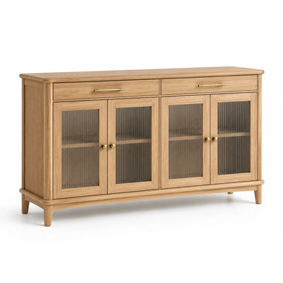 Credenza in legno marrone chiaro con dettagli dorati e vetro grigio fumé, 4 ante e 2 cassetti, 160 × 40 × 85 cm