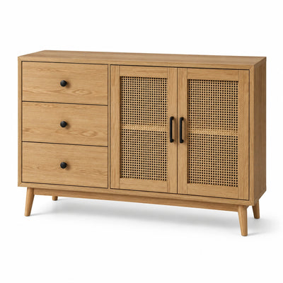 Credenza moderna 120 × 40 × 80 cm effetto rovere naturale con 2 ante intrecciate e 3 cassetti