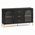 Credenza nera con vetro scanalato trasparente, dettagli dorati, 3 cassetti e 2 ante, 140 × 40 × 85 cm