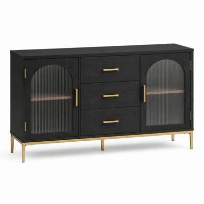 Credenza nera con vetro scanalato trasparente, dettagli dorati, 3 cassetti e 2 ante, 140 × 40 × 85 cm