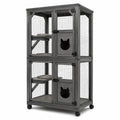 Gabbia per gatti a due livelli in legno e rete metallica, grigio e nero, 80 × 60 × 160 cm, con ruote