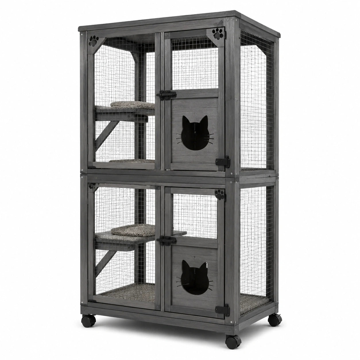 Gabbia per gatti a due livelli in legno e rete metallica, grigio e nero, 80 × 60 × 160 cm, con ruote