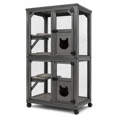 Gabbia per gatti a due livelli in legno e rete metallica, grigio e nero, 80 × 60 × 160 cm, con ruote