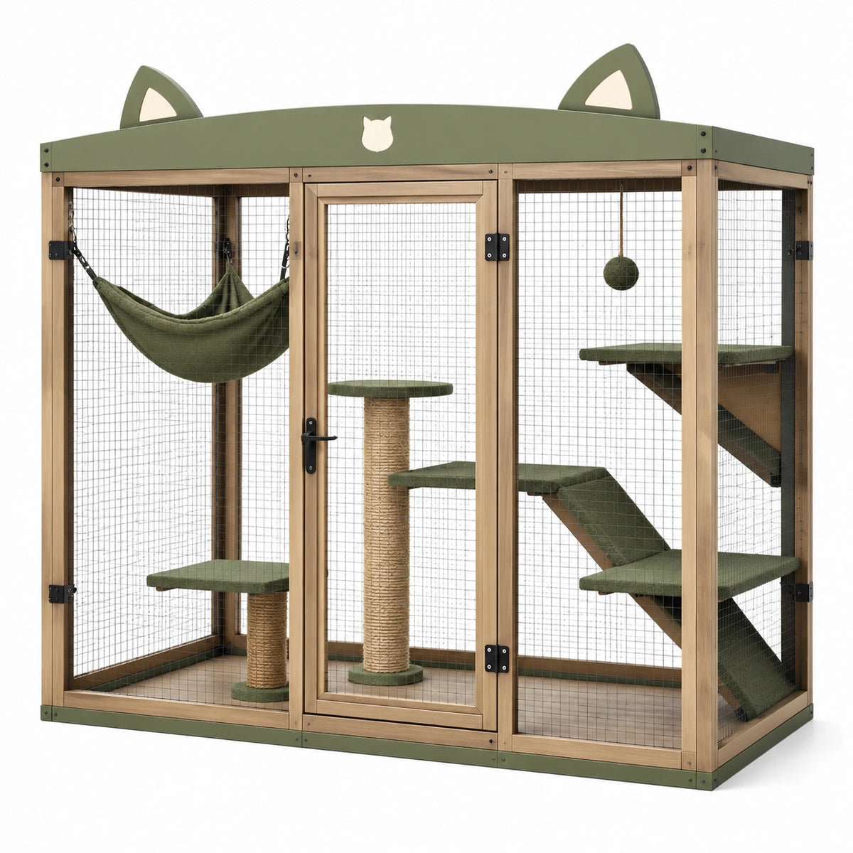 Recinto per gatti in legno e rete metallica verde oliva, 180 × 90 × 170 cm, con piattaforme, rampe, amaca e tiragraffi