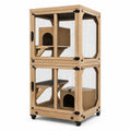 Gabbia multilivello in legno naturale e rete metallica nera con ruote, 80 × 60 × 160 cm