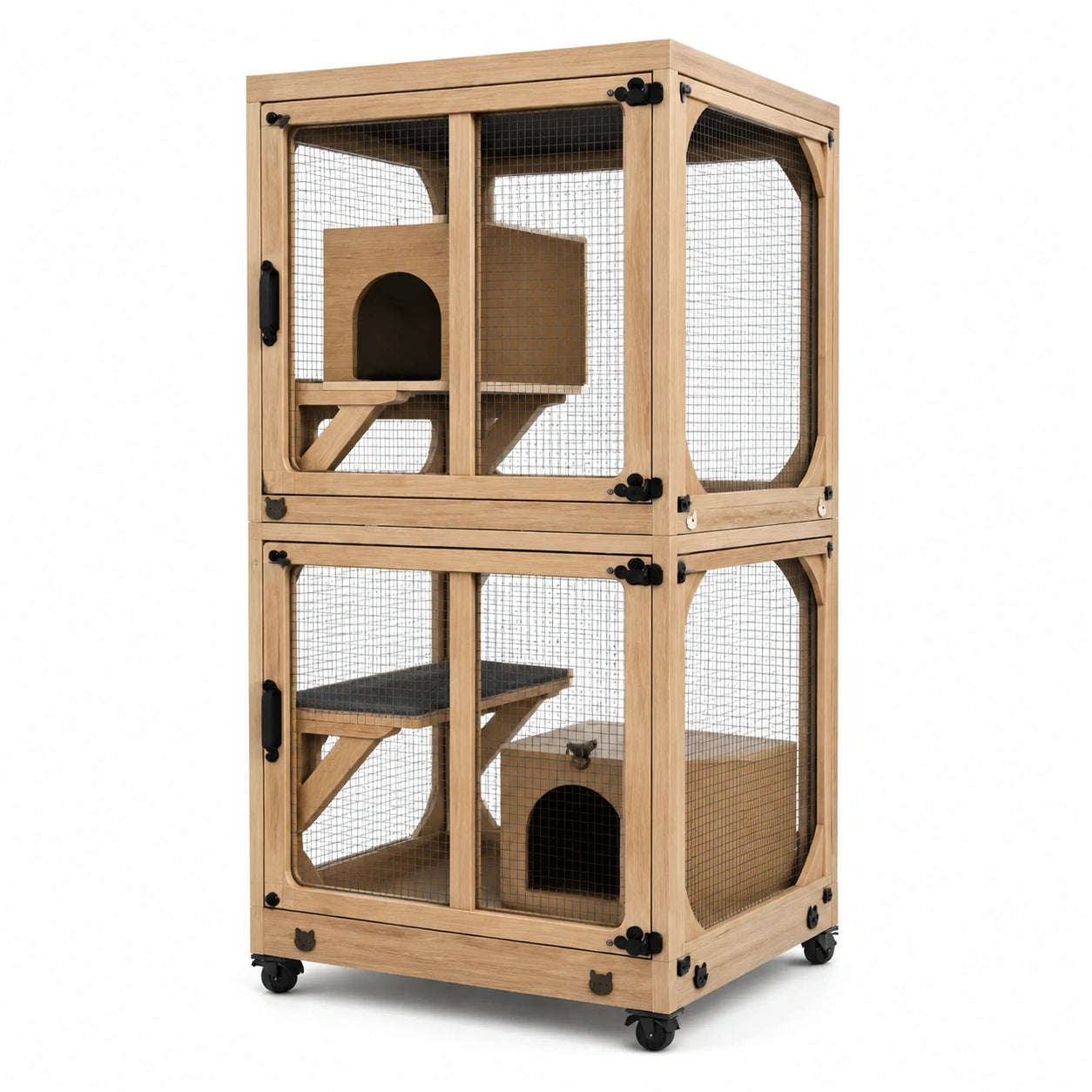 Gabbia multilivello in legno naturale e rete metallica nera con ruote, 80 × 60 × 160 cm