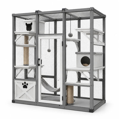 Recinto per gatti da esterno 183 × 92 × 200 cm in legno grigio e bianco con rete metallica, piattaforme e casette