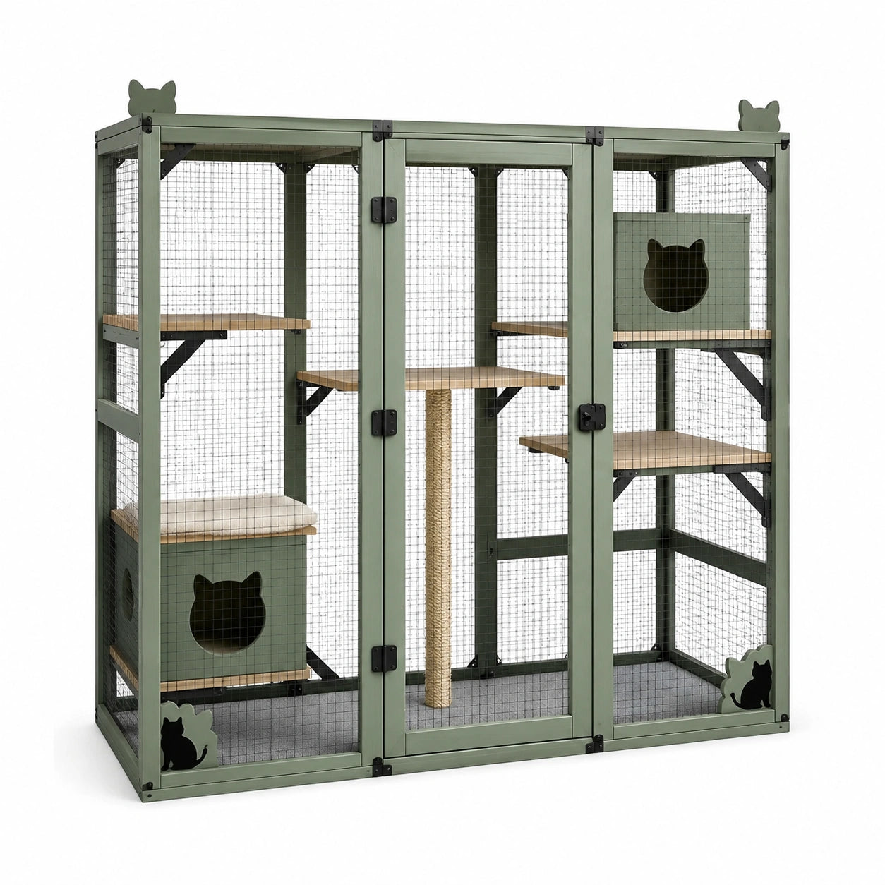 Recinto multilivello per gatti in legno verde con rete metallica, 180 × 80 × 170 cm