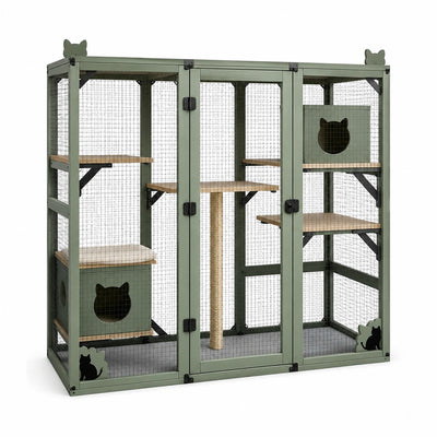 Recinto multilivello per gatti in legno verde con rete metallica, 180 × 80 × 170 cm