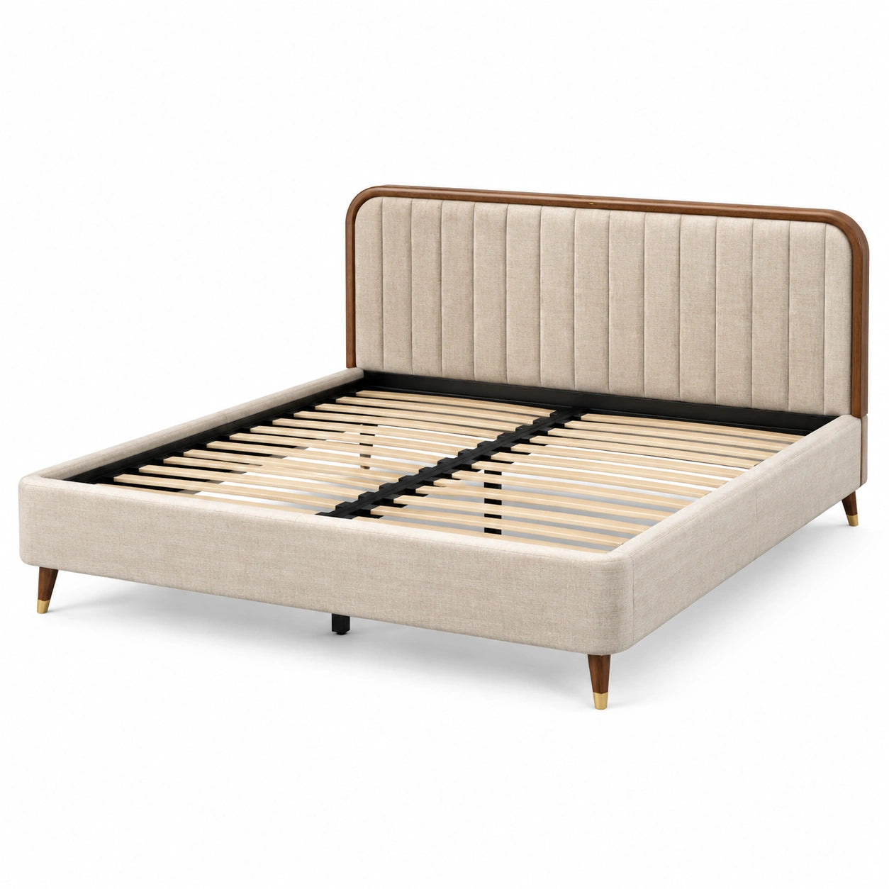 Letto matrimoniale imbottito beige 192 × 217 × 115 cm, per materasso 180 × 200 cm, con dettagli marroni, neri e dorati