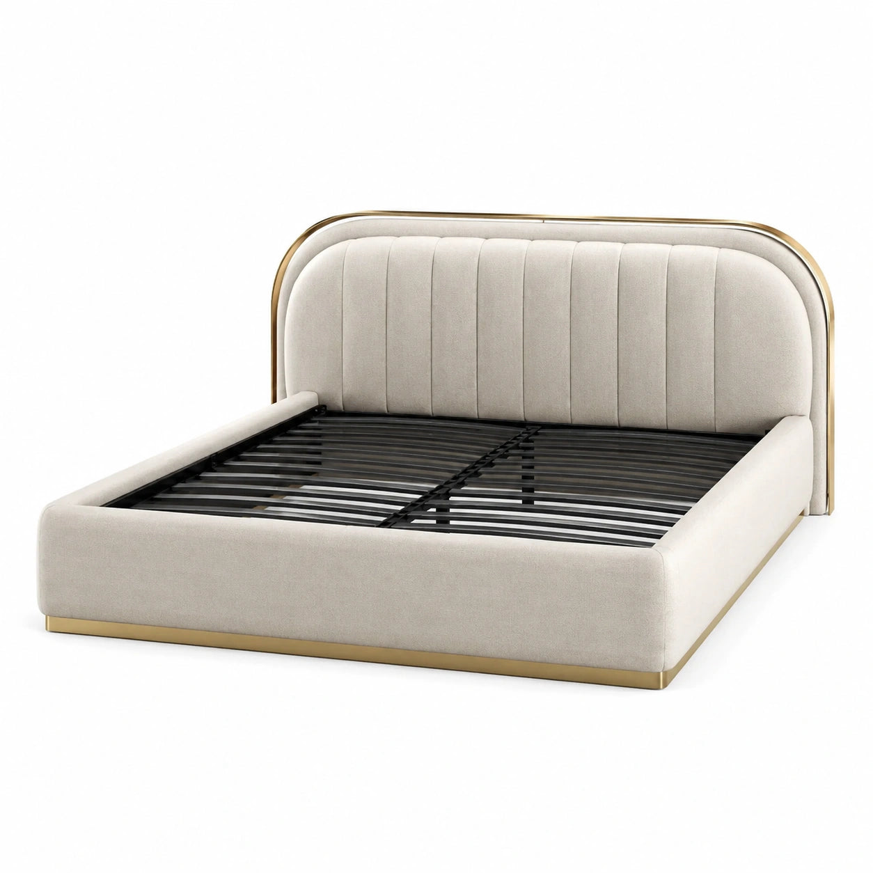 Letto matrimoniale imbottito beige con dettagli oro, 180 × 220 × 120 cm, per materasso 160 × 200 cm, con rete a doghe metalliche