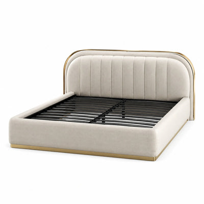 Letto matrimoniale imbottito beige con dettagli oro, 180 × 220 × 120 cm, per materasso 160 × 200 cm, con rete a doghe metalliche