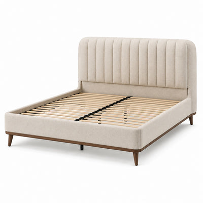 Letto matrimoniale imbottito beige e marrone 174 × 218 × 115 cm, per materasso 160 × 200 cm, con testiera e rete a doghe