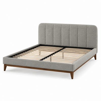 Letto matrimoniale 196 × 220 × 105 cm per materasso 180 × 200 cm, grigio chiaro e marrone, con rete a doghe