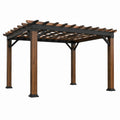 Pergola da giardino marrone e nera in legno e metallo, 366 × 305 × 244 cm, con copertura aperta a griglia