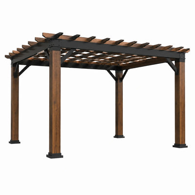 Pergola da giardino marrone e nera in legno e metallo, 366 × 305 × 244 cm, con copertura aperta a griglia