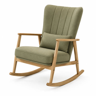 Poltrona a dondolo imbottita in legno e tessuto verde oliva, 76 × 92 × 105 cm