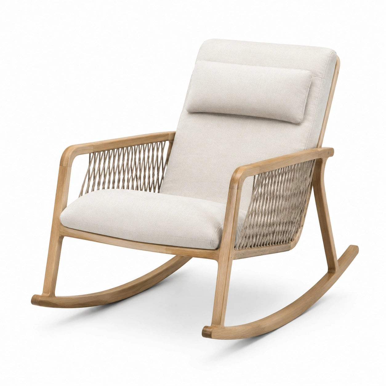 Sedia a dondolo in legno 70 × 95 × 100 cm con imbottitura beige e fianchi in corda intrecciata