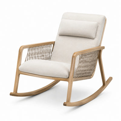 Sedia a dondolo in legno 70 × 95 × 100 cm con imbottitura beige e fianchi in corda intrecciata