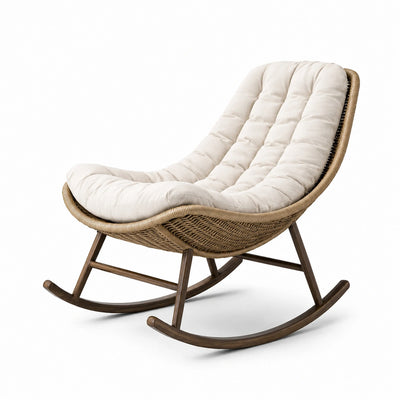 Poltrona a dondolo in fibra intrecciata marrone con seduta imbottita beige, 100 x 90 x 95 cm