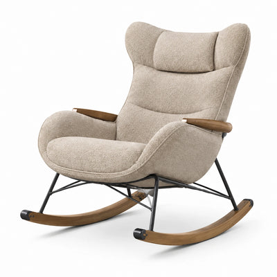 Poltrona a dondolo in tessuto bouclé beige con struttura in metallo nero e legno marrone, 75 × 95 × 105 cm