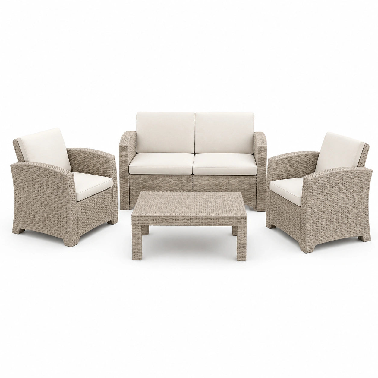 Set da giardino 4 pezzi beige e avorio con divano 128×70×78 cm, 2 poltrone 73×70×78 cm e tavolino 80×50×38 cm