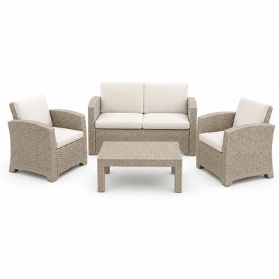 Set da giardino 4 pezzi beige e avorio con divano 128×70×78 cm, 2 poltrone 73×70×78 cm e tavolino 80×50×38 cm